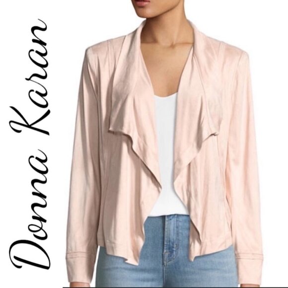 NWOT DONNA KARAN Microsuede Blush Pink Shimmer Open Waterfall Cardigan Jacket, 8 - Picture 1 of 9